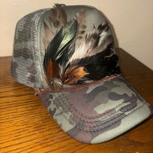 Camouflage Trucker Hat with Feather Accent